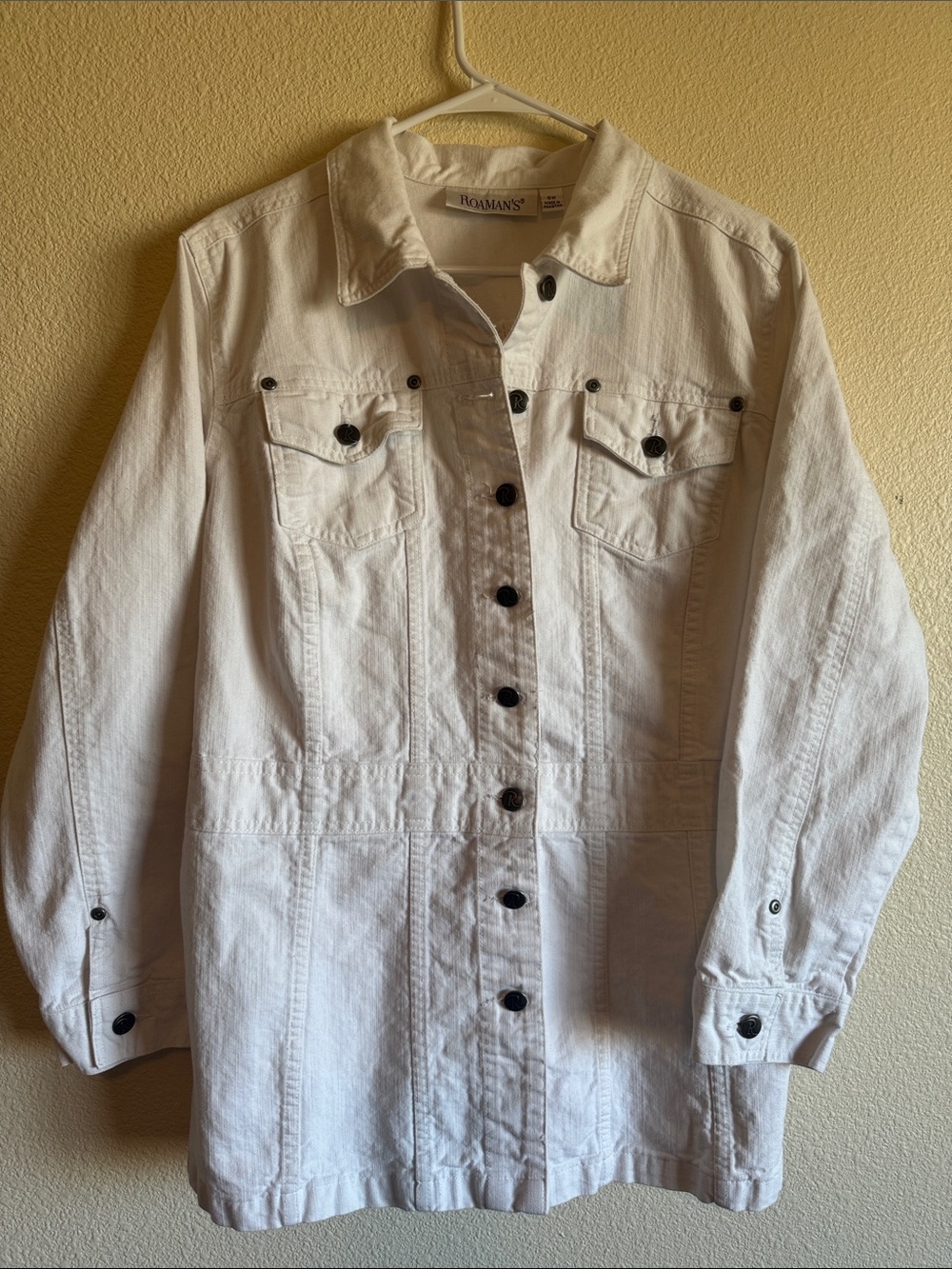 Roaman's White Long Button-Front Denim Jacket